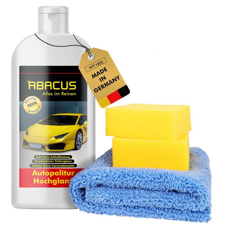 ABACUS® Autopolitur Hochglanz, Hochglanzpolitur, Lackpolitur, Politur Hochglanz, Auto-Politur, Lackglanz, Tiefenglanz, Poliermittel – Autopolitur Hochglanz 500 ml Set mit Schwämmen (7075) von ABACUS