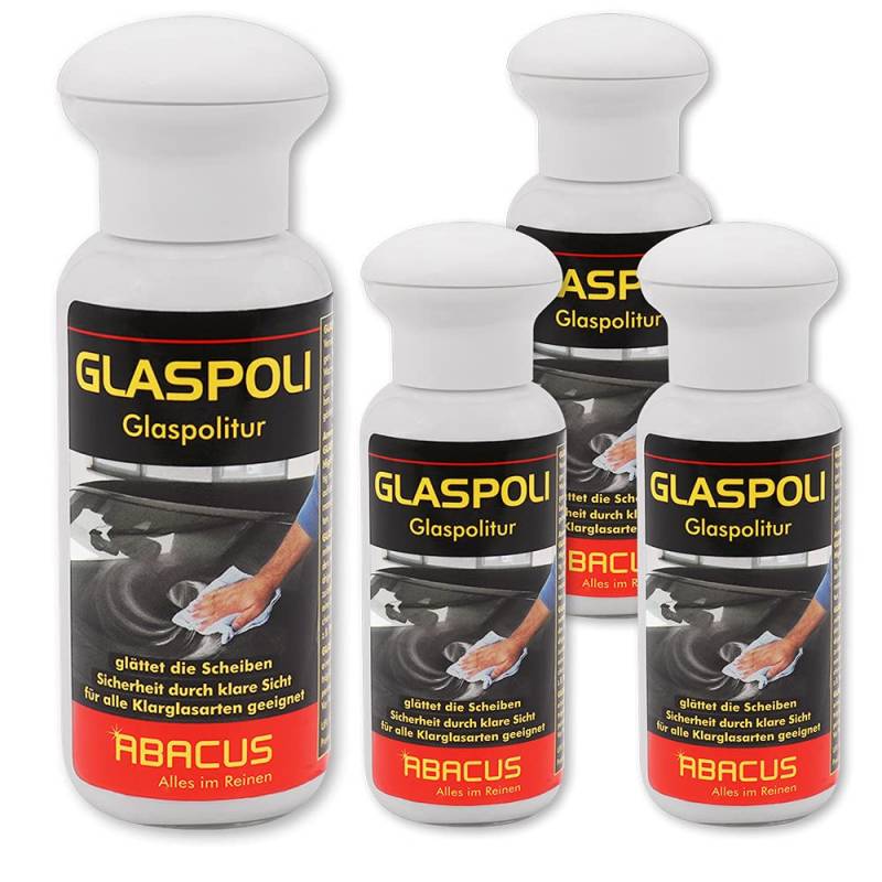 ABACUS® Glaspolitur 4 x 100 ml (7736.4) - entfernt Scheibenversiegelungen, Baumharz, silikonhaltige Versiegelungen, Nanobeschichtungen auf Autoglasscheiben, Spiegeln, Glastische von ABACUS