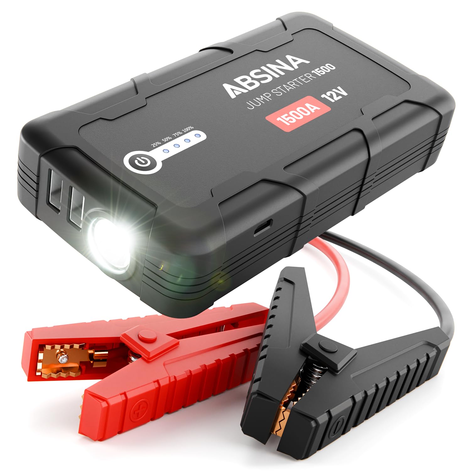 ABSINA Auto Starthilfe Powerbank 1500A - 12V Starthilfegerät geeignet für 6L Benzin & 4L Diesel - KFZ Starter Powerbank mit 2 USB Ports & Taschenlampe - Jump Starter, Auto Booster Starthilfe PKW von ABSINA