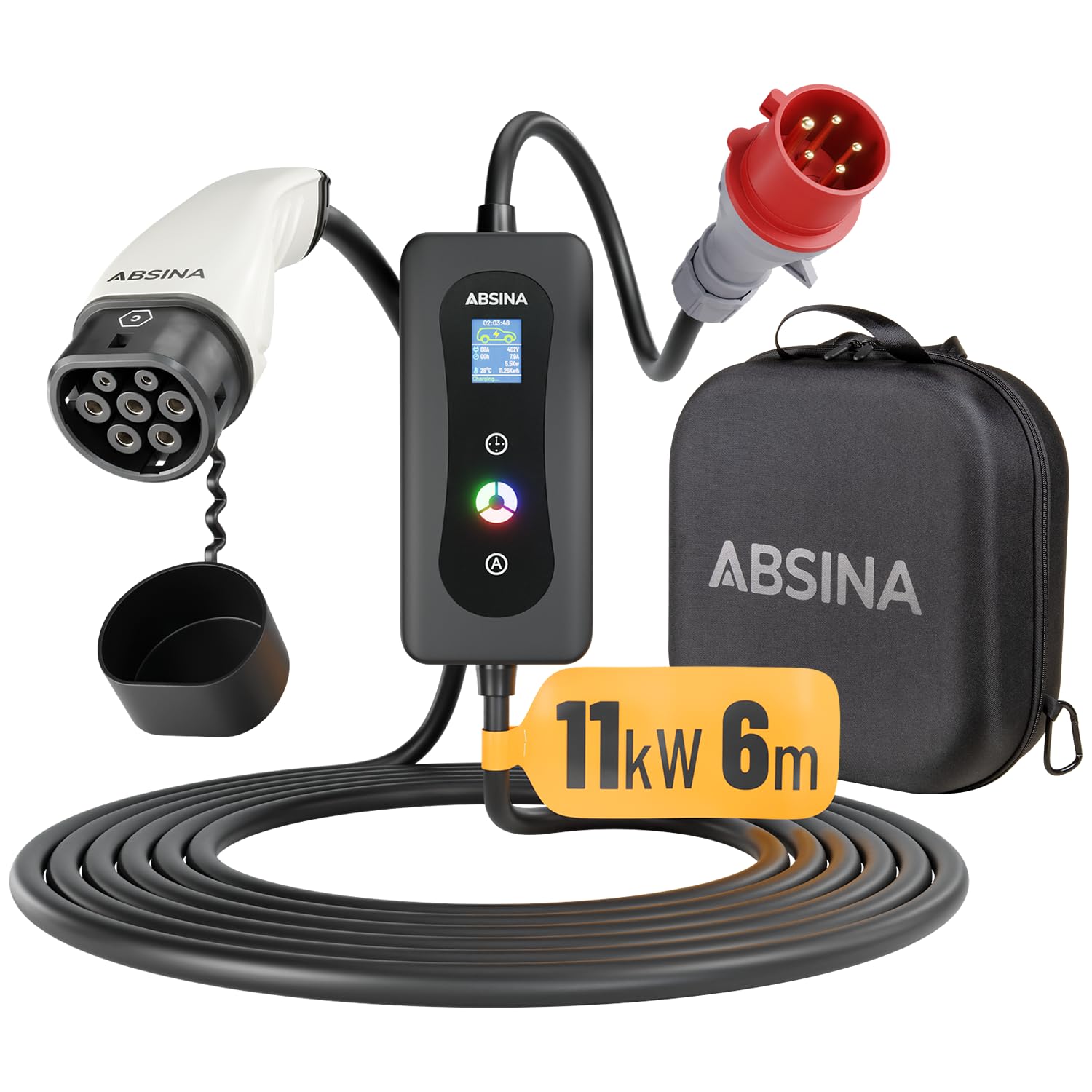 ABSINA CEE Ladekabel Typ 2 mit Einstellbarer Ladeleistung - Mobile Ladestation Elektroauto bis 11kW & 16A, 3 phasig, 6 m Kabel - ICCB Ladekabel Ladeziegel für i3, e-Up, ID.3, ID.4, Zoe, fortwo, Kona von ABSINA