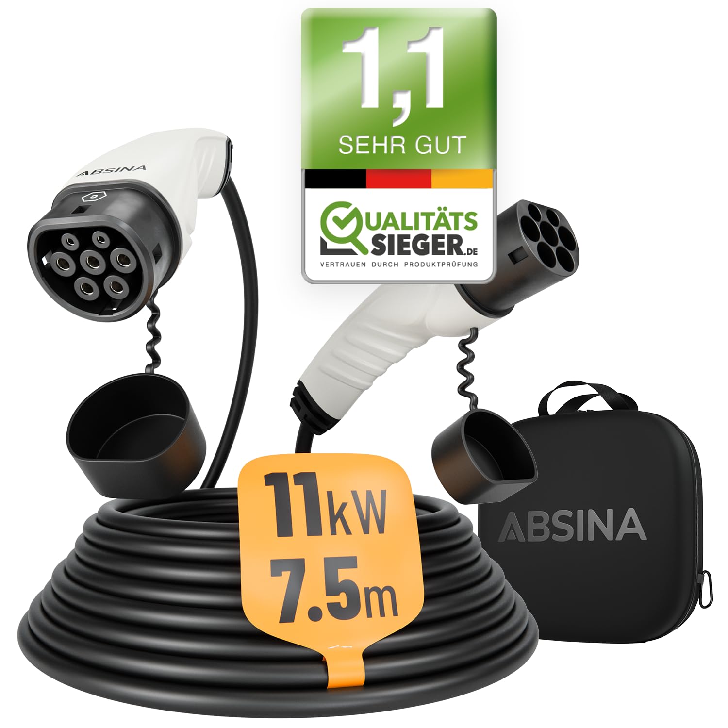 ABSINA Typ 2 Ladekabel 11kW & 16A für Hybrid & Elektroauto - 7,5 Meter Typ 2 Ladekabel 3 phasig - Mode 3 Ladekabel - Kompatibel mit Model 3, e-Up, ID.3, Zoe, EQ fortwo, Kona Elektro, ID.4 UVM von ABSINA