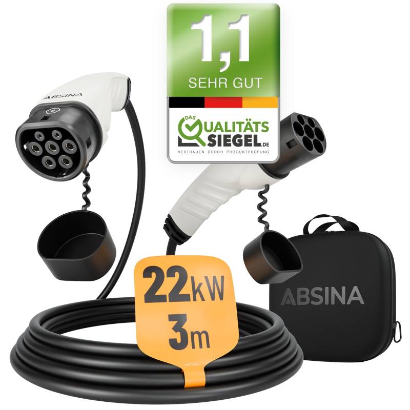 ABSINA Typ 2 Ladekabel 22kW & 32A für Hybrid & Elektroauto - 3 Meter Auto Ladekabel Typ2 3 phasig - Mode 3 Ladekabel - Kompatibel mit Model 3, e-Up, ID.3, Zoe, EQ fortwo, Kona Elektro, ID.4 UVM von ABSINA