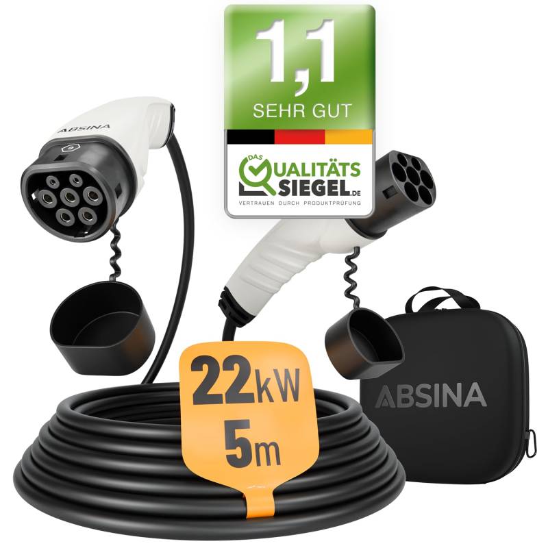 ABSINA Typ 2 Ladekabel 22kW & 32A für Hybrid & Elektroauto - 5 Meter Auto Ladekabel Typ2 3 phasig - Mode 3 Ladekabel - Kompatibel mit Model 3, e-Up, ID.3, Zoe, EQ fortwo, Kona Elektro, ID.4 UVM von ABSINA