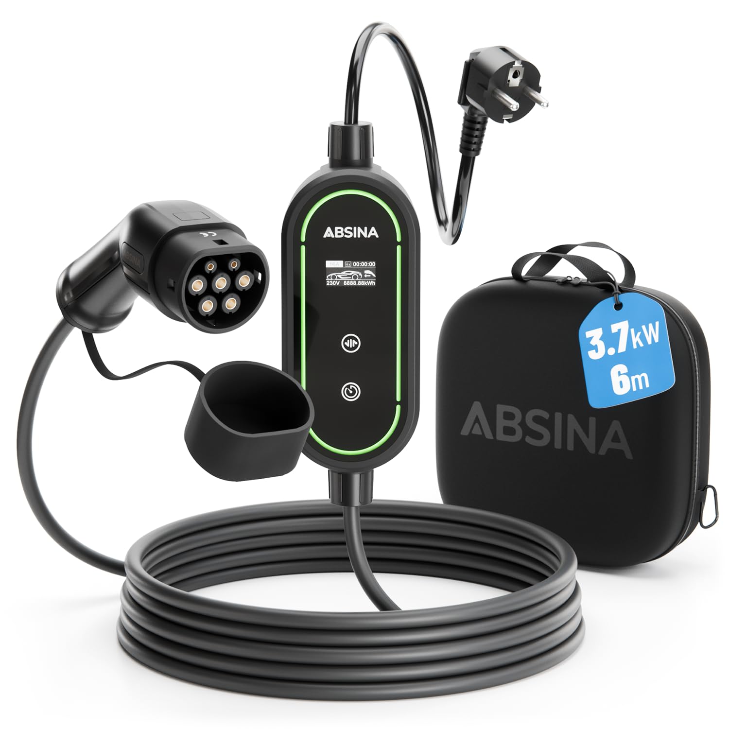 ABSINA Typ 2 Ladekabel Schuko mit Einstellbarer Ladeleistung - ICCB Ladekabel 3,7kW 16A 1 phasig IP67 mit 6 m Kabel - Ladekabel Schuko auf Typ 2 für i3, e-Up, ID.3, ID.4, Zoe, fortwo, Kona UVM von ABSINA