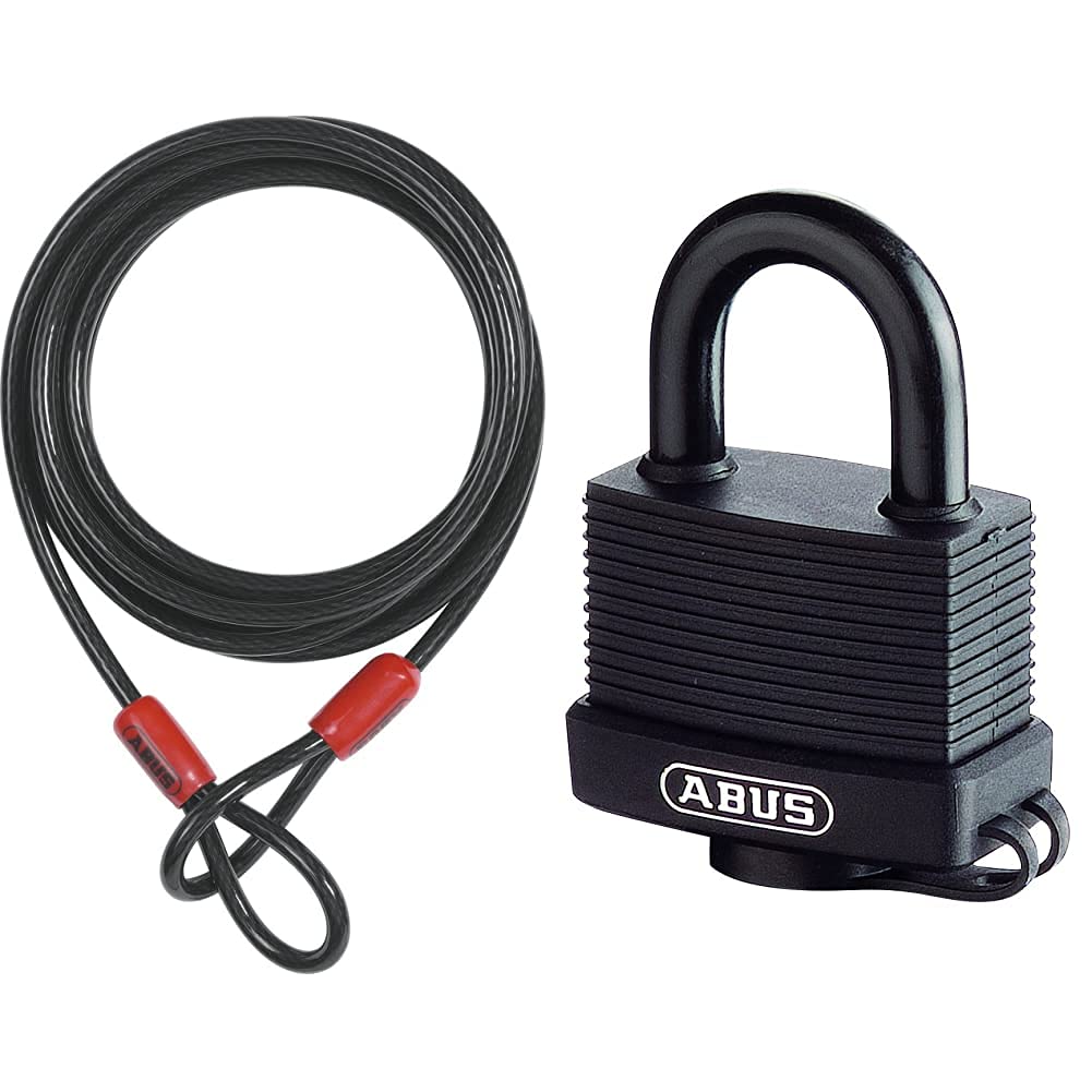 ABUS Schlaufenkabel Cobra 10/500 - Stahlseil mit Kunststoff ummantelt - 5 m lang, 10 mm stark & Messing-Hangschloss, Messingbügel, 45mm / Bügelhöhe 63mm, verschiedenschließend, schwarz von ABUS