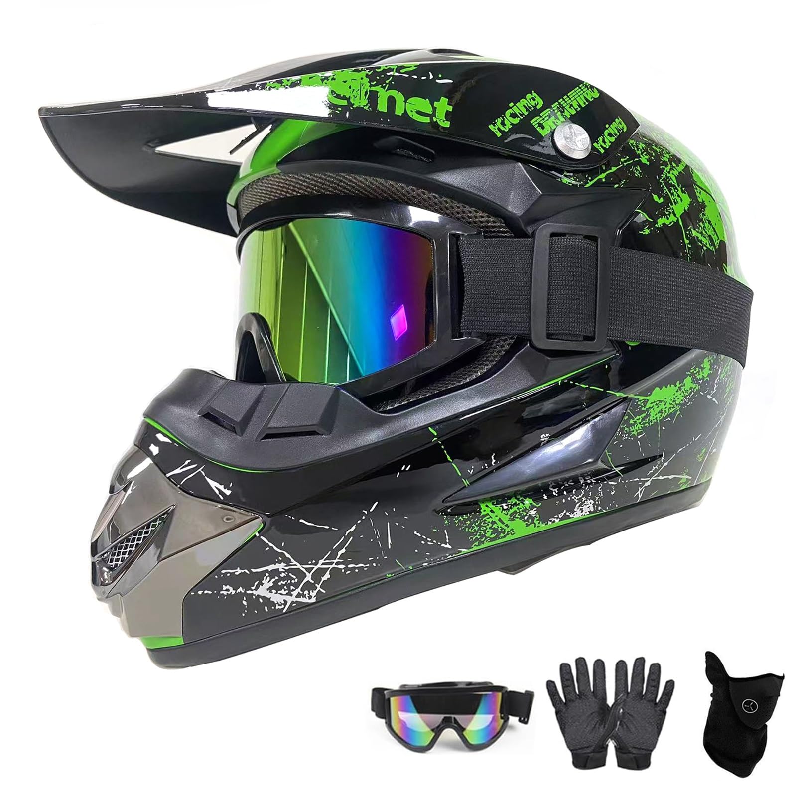 Motorradhelm,Motocross Helm,Helm Kinder,Helmets Kinder-Cross-Helm, Road Helm mit Handschuhe Maske Brille, ATV Helm Downhill Motorradhelm ATV Motorradhelm(Green,L(56~57cm)) von ABXUJWUB