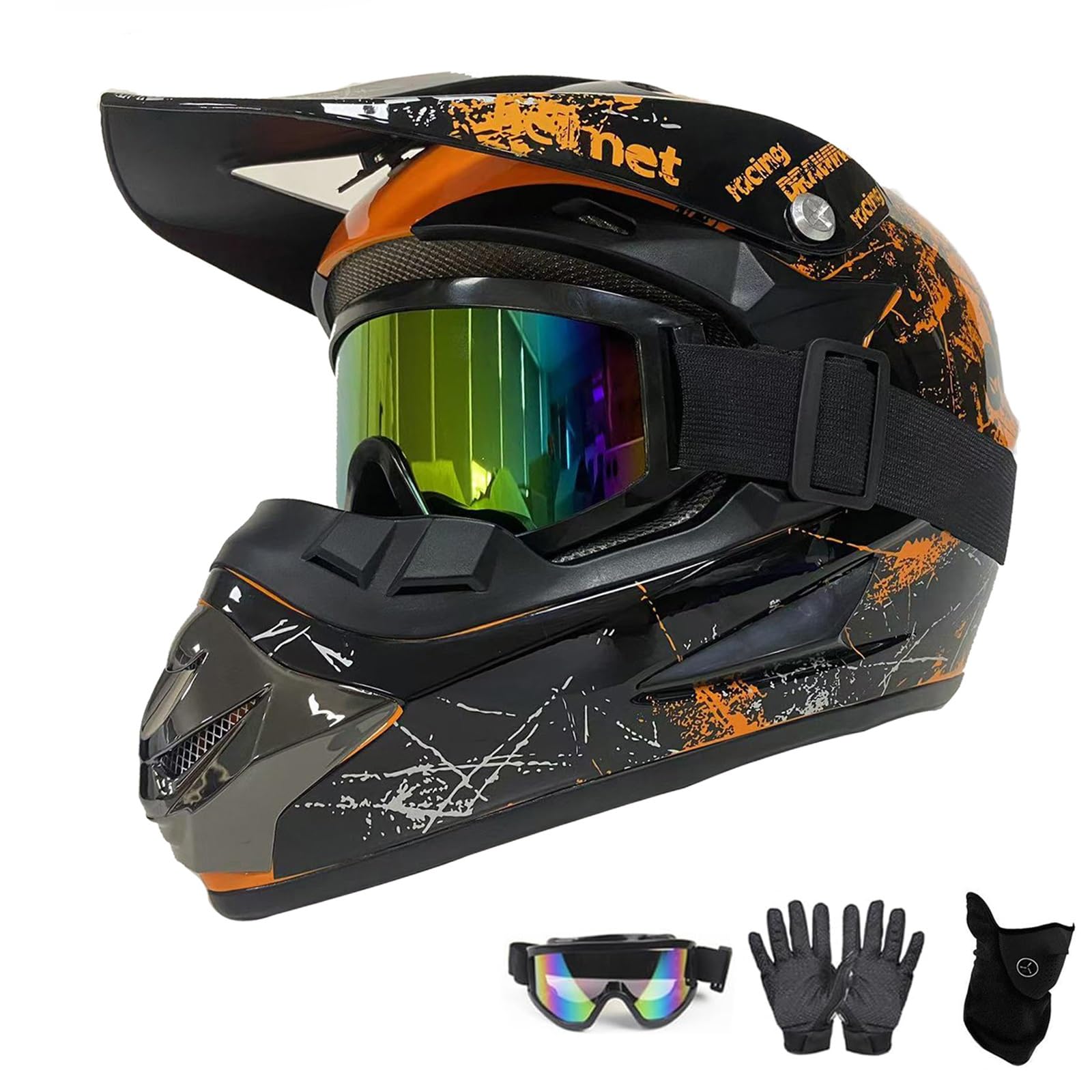 Motorradhelm,Motocross Helm,Helm Kinder,Helmets Kinder-Cross-Helm, Road Helm mit Handschuhe Maske Brille, ATV Helm Downhill Motorradhelm ATV Motorradhelm(Orange,L(56~57cm)) von ABXUJWUB