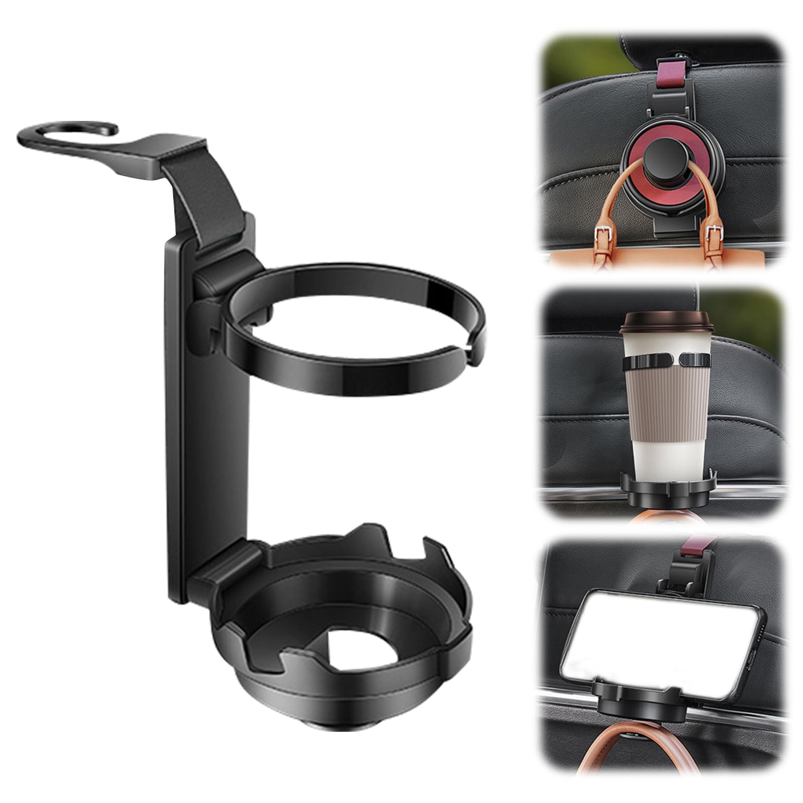 Universal Auto Getränkehalter 3 in 1, Multifunktionaler Becherhalter mit Auto Geldbörse Haken und Telefon Halter Einfache Installation, Auto Haken für Autositz Organizer Hinter (1PC,Schwarz) von ACAREY