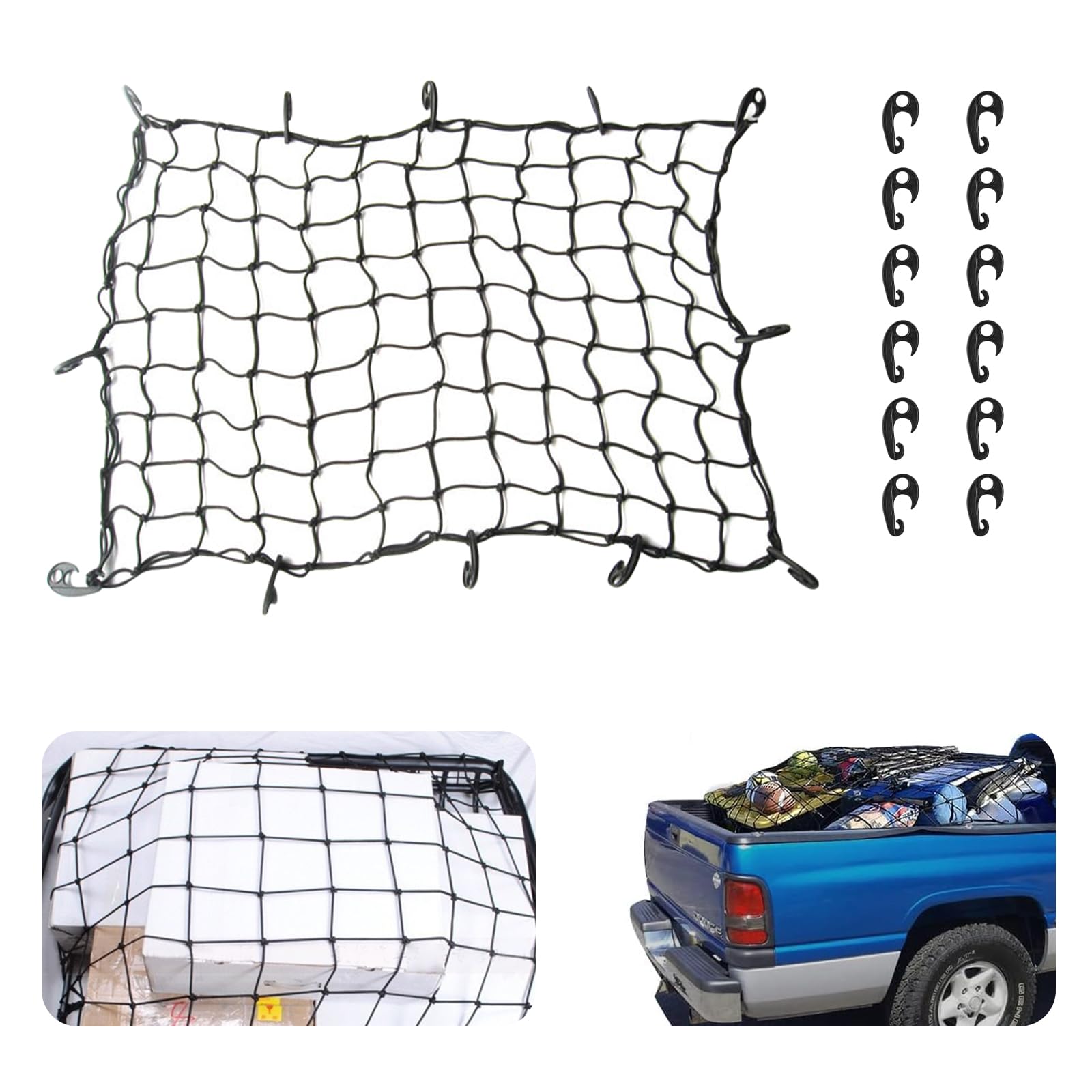 ACESOME Gepäcknetz 90x120cm, Hochelastisches Gepäcknetz, Gummi Gepäcknetz für Pickup, Mit 12 Haken Auto hinten Organizer Karabiner für Dachgepäckträger in Übergröße/Kofferraum/Lastwagen/SUV von ACESOME ㅤ