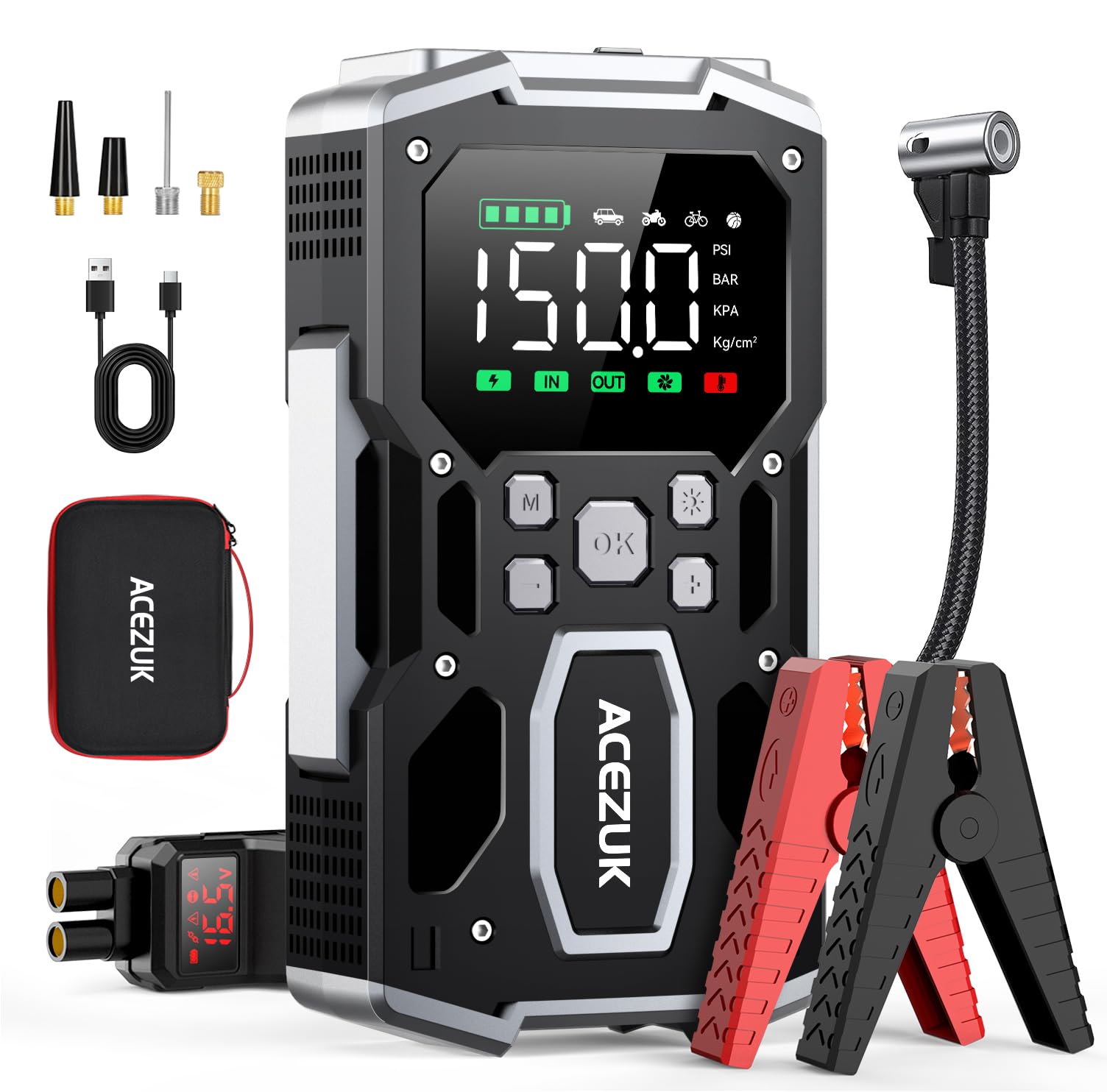 ACEZUK Booster Autobatterie, 6000 A, 150 PSI Reifenfüller, 26800 mAh, Auto-Starthilfe mit Luftkompressor, 12 V Jump Starter für Fahrzeug (alle Gas oder 10 l Diesel), 4000 Lumen LED von ACEZUK