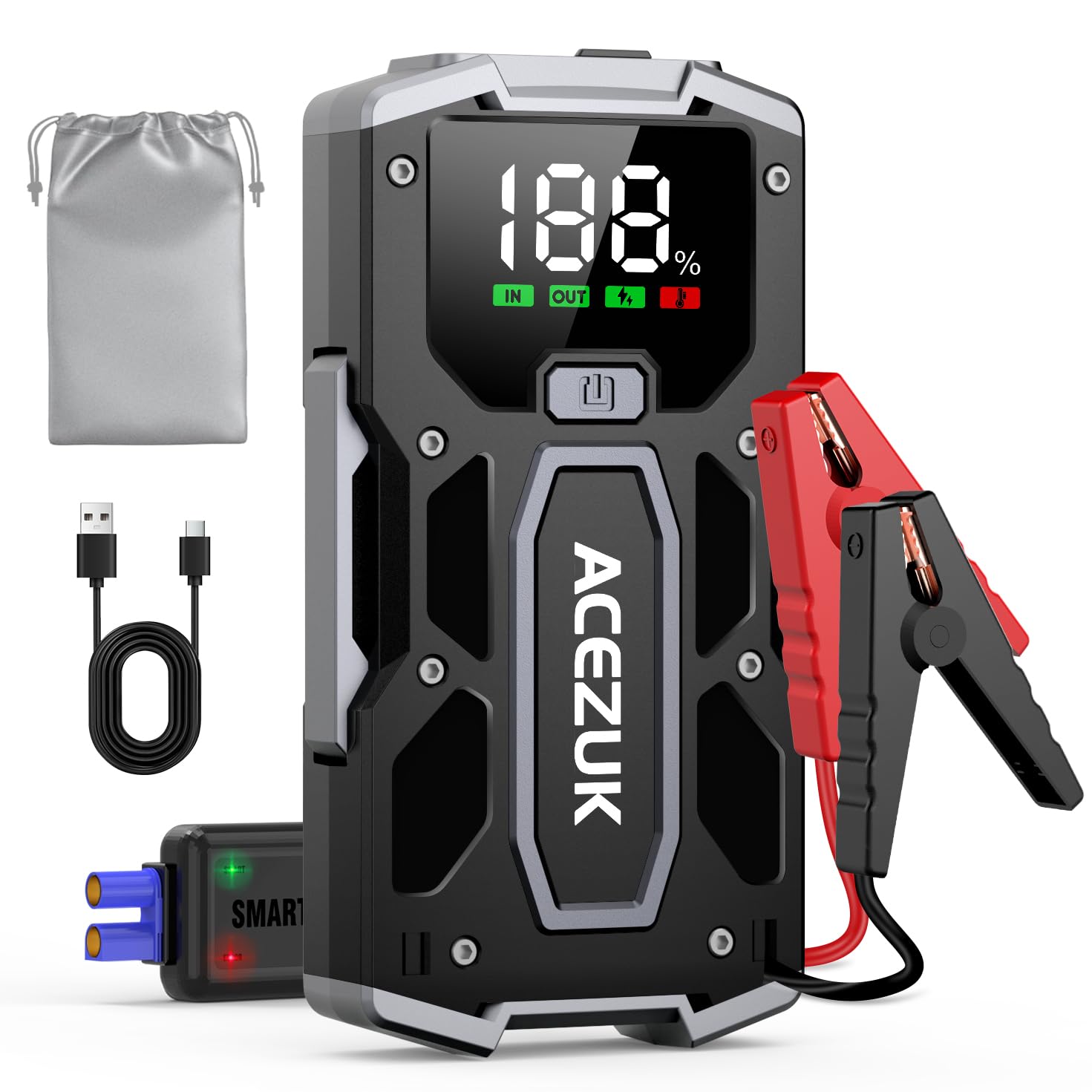 ACEZUK Starthilfe Powerbank 3000A 12V (Bis Zu 7,0L Benzin Oder 5,5L Diesel) Auto Starthilfe mit LED-Taschenlampe, großen Bildschirm, Jumper Bildschirm, Autobatterie Booster für SUV Motorrad Rasenmäher von ACEZUK