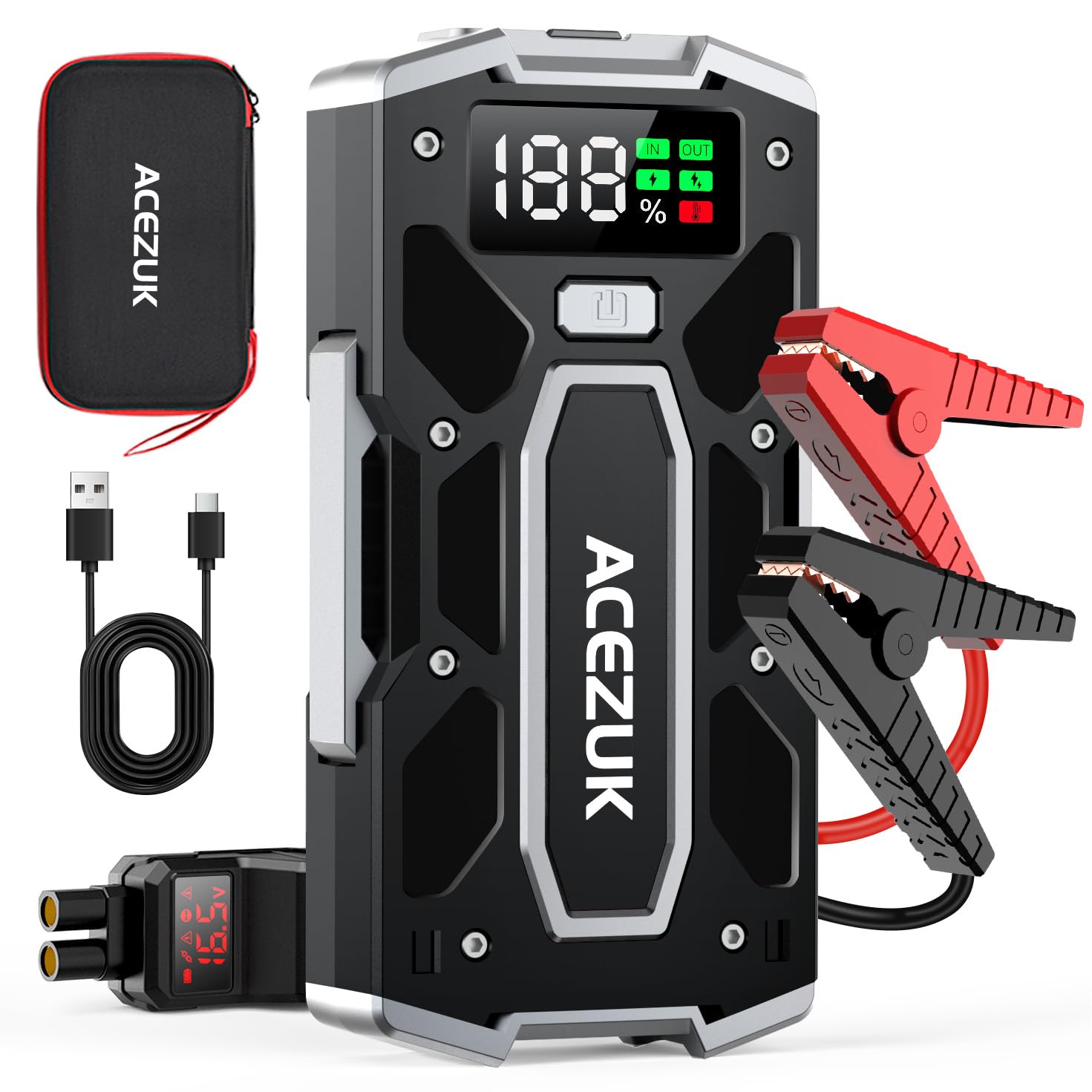 ACEZUK Starthilfe Powerbank 5000A 12V (bis zu 8.0L Benzin und6.5L Diesel) Auto Starthilfe mit LED-Taschenlampe, großen Bildschirm, Jumper Bildschirm, Autobatterie Booster für SUV Motorrad Rasenmäher von ACEZUK