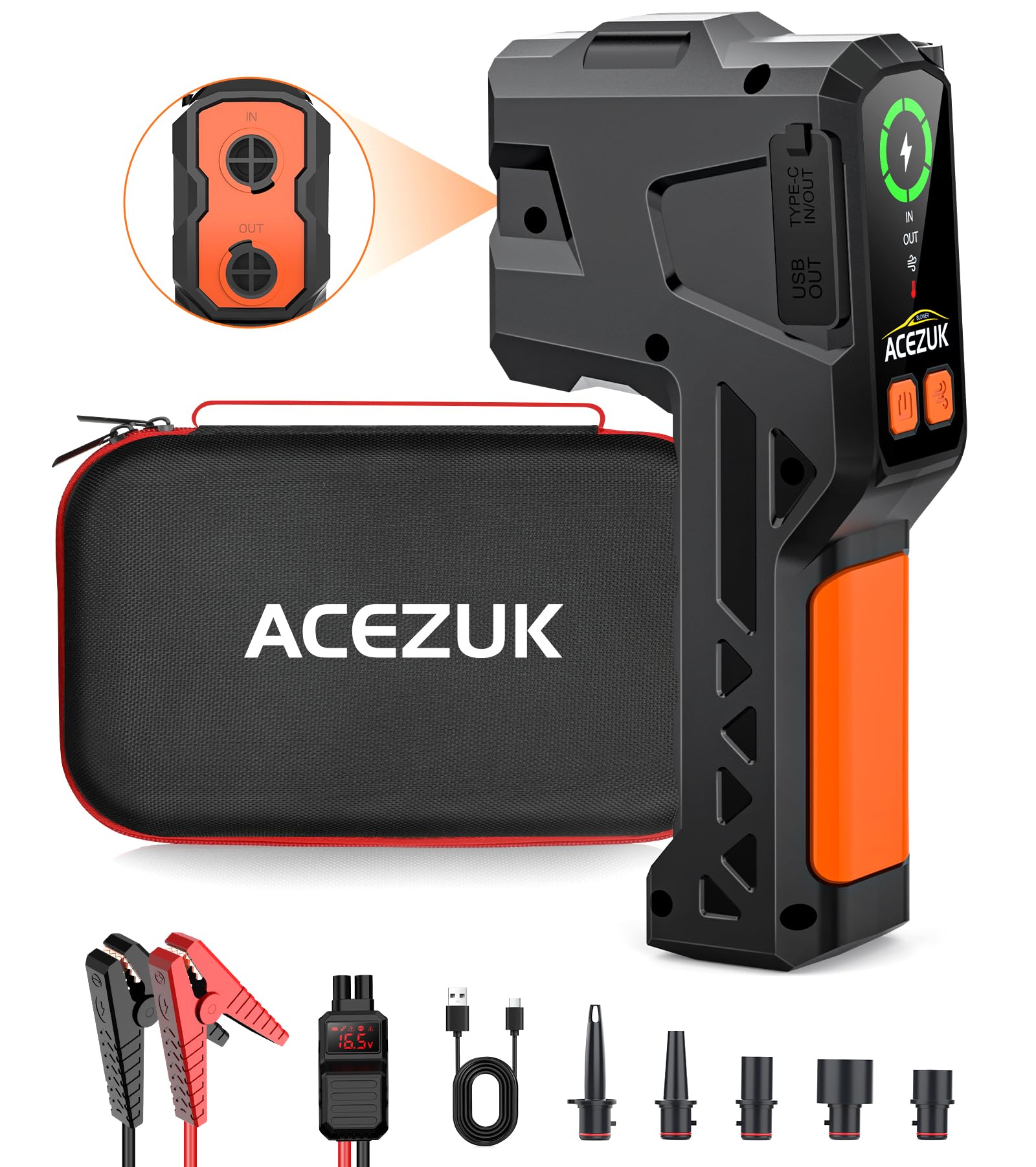 ACEZUK Starthilfe Powerbank 5000A Elektrische Luftpumpe 4-in-1 Powerbank als Auto Starthilfe mit LCD Bildschirm, Tragbare Starter Pow Schlauchboot & Luftmatratze - Schnellfüll Inflator mit 4 Düsen von ACEZUK