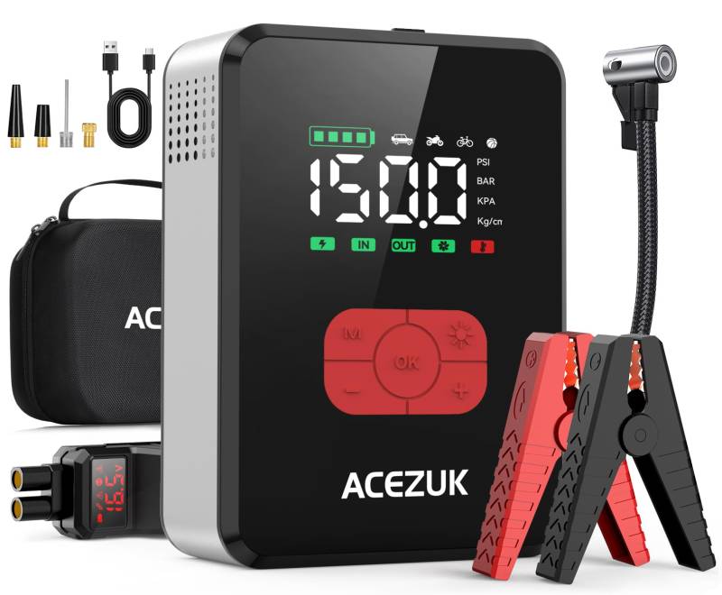 ACEZUK Starthilfe Powerbank mit 150PSI Kompressor 5000A Starter Powerbank für PKW mit 3,4" LCD Bildschirm,600 Lumen Notbeleuchtung,Zwangsweise Startfunktion von ACEZUK