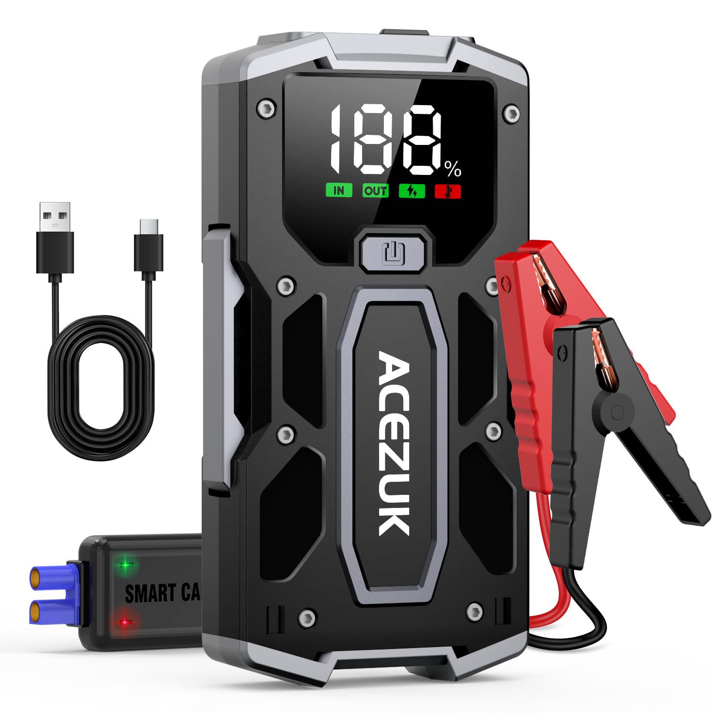 Auto Starthilfe, 2500A 12V 8-in-1 Akku Starthilfe, bis zu 7.0L Gas & 5.0L Dieselmotoren Quick Charge 3.0 Power Bank Jumper Kabel von ACEZUK