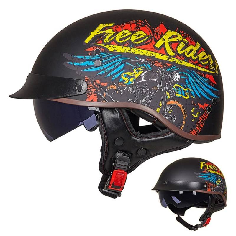 ACLFFSHOP Halbschalenhelm mit ECE, Retro Helm Jethelm, Jet-Helmhalbhelm Scooter-Helm Offenem Helm, Chopper Helm mit Sonnenblende Herausnehmbares Atmungsaktives Futter M~XXL von ACLFFSHOP