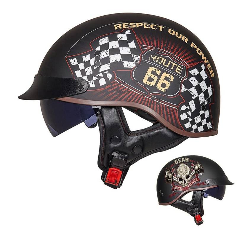 ACLFFSHOP Halbschalenhelm mit ECE, Retro Helm Jethelm, Jet-Helmhalbhelm Scooter-Helm Offenem Helm, Chopper Helm mit Sonnenblende Herausnehmbares Atmungsaktives Futter M~XXL von ACLFFSHOP