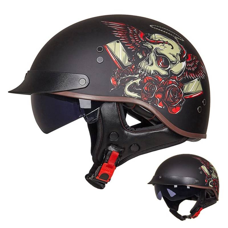 ACLFFSHOP Halbschalenhelm mit ECE, Retro Helm Jethelm, Jet-Helmhalbhelm Scooter-Helm Offenem Helm, Chopper Helm mit Sonnenblende Herausnehmbares Atmungsaktives Futter M~XXL von ACLFFSHOP