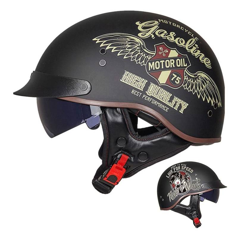 ACLFFSHOP Halbschalenhelm mit ECE, Retro Helm Jethelm, Jet-Helmhalbhelm Scooter-Helm Offenem Helm, Chopper Helm mit Sonnenblende Herausnehmbares Atmungsaktives Futter M~XXL von ACLFFSHOP