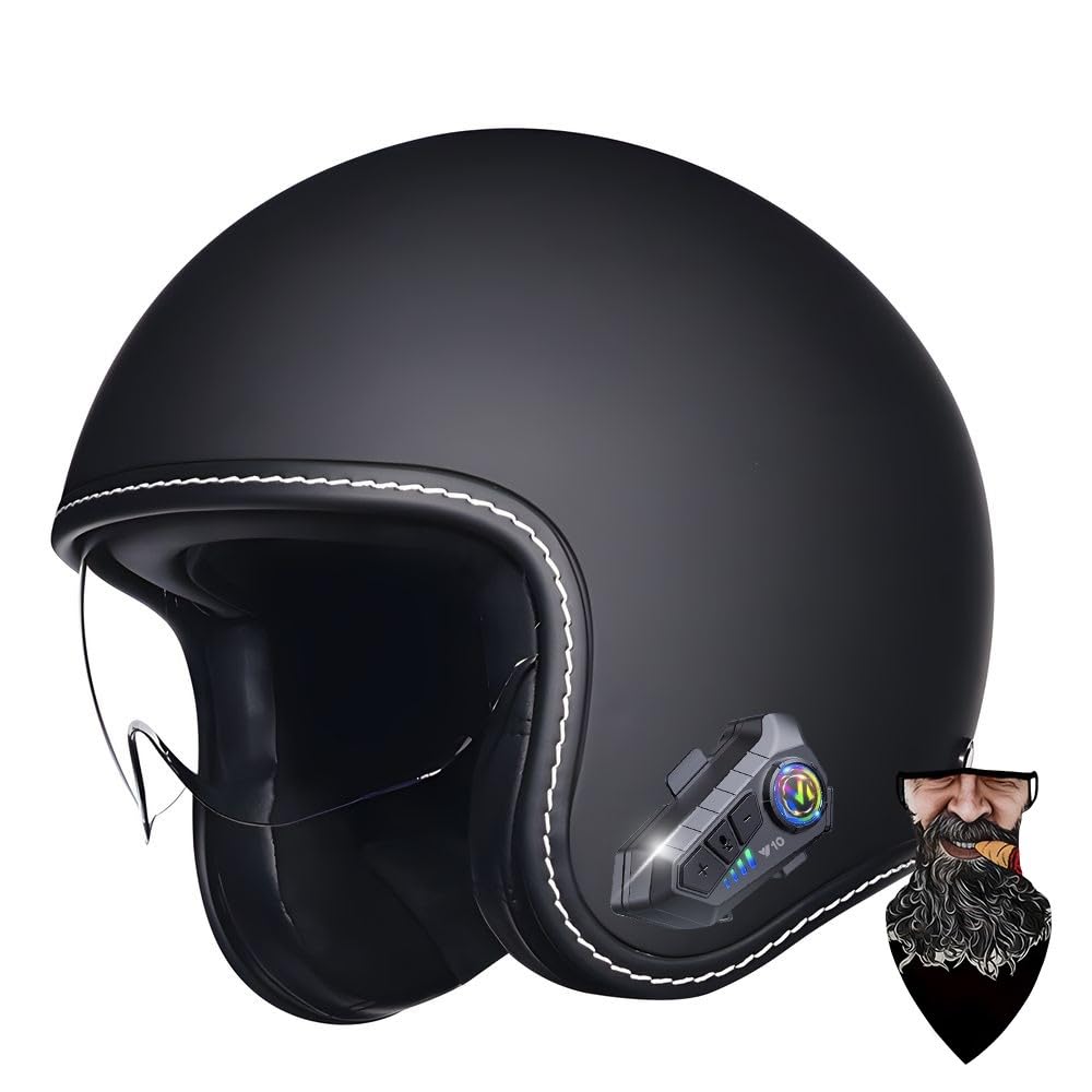 ACLFFSHOP Jethelm Roller Helm Scooter Helm ECE Zertifizierung Motorrad-Jet-Helm mit Visier Abnehmbarem Gesichtspolster Schnellverschluss Schnalle Retro Moped Bluetooth Mofa-Helm von ACLFFSHOP