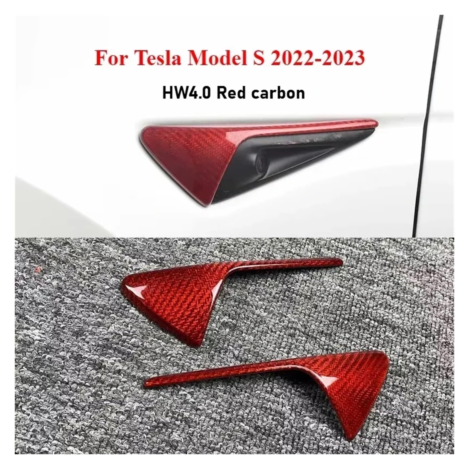 Seitliche Kameraabdeckung aus echtem Carbon, kompatibel mit Tesla Model 3/Y/S/X/3+ Highland 2021-2024 Sticker Leaf Board 3K 240G Zubehör(HW4.0 MS Red carbon) von ACSGASCA