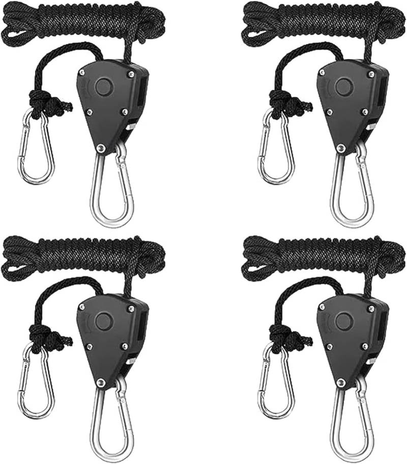 Seilratsche, Ratchet Hanger, mit Haken, Seilratsche, 1/8 Zoll, 2m Verstellbare Seil Ratschenaufhänger, für HäNgende Zelt Wachsen Pflanze Lampe, Schwarz, 4 Stück von ACTIUSIS