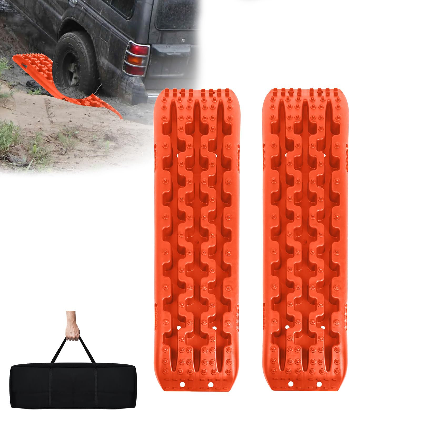 ACXIN 2 Stück Sandbleche Anfahrhilfe – 10T Offroad Recovery Boards Traktionsmatten Traktionshilfe Gripmatten – Offroad Zubehör Reifenleiter für PKW, LKW, Geländewagen, Wohnmobil, Orange von ACXIN