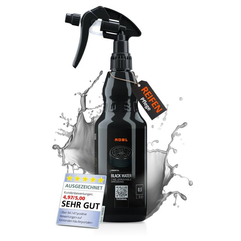 ADBL Black Water (500ml) - Reifendressing & Kunststoffpflege - Schützt vor UV-Strahlen, Straßenschmutz und Salz - Langanhaltender Schutz und Hydrophobie für Reifen, Gummi und Kunststoff am Auto von ADBL