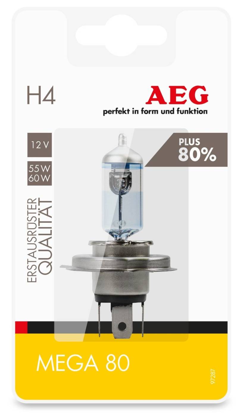 AEG Automotive 97287 Glühlampe Mega 80 Plus 80% H4, P43t, 60/55W, 1 Stück von AEG