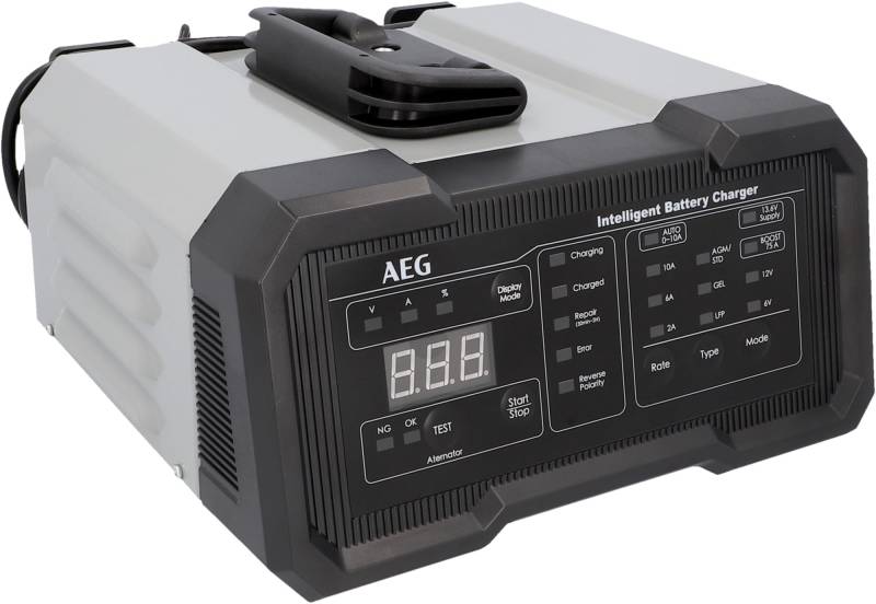 AEG Batterieladegerät CW10 lädt alle 6 V und 12 V Batterien, umfangreicher Sicherungsschutz, mit Ladestatusanzeige in %, 75A, Schwarz von AEG