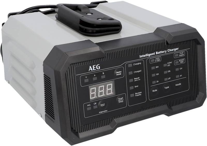 AEG Batterieladegerät CW20 lädt alle 6 V und 12 V Batterien, umfangreicher Sicherungsschutz, mit Ladestatusanzeige in %, Schwarz, 100 A von AEG