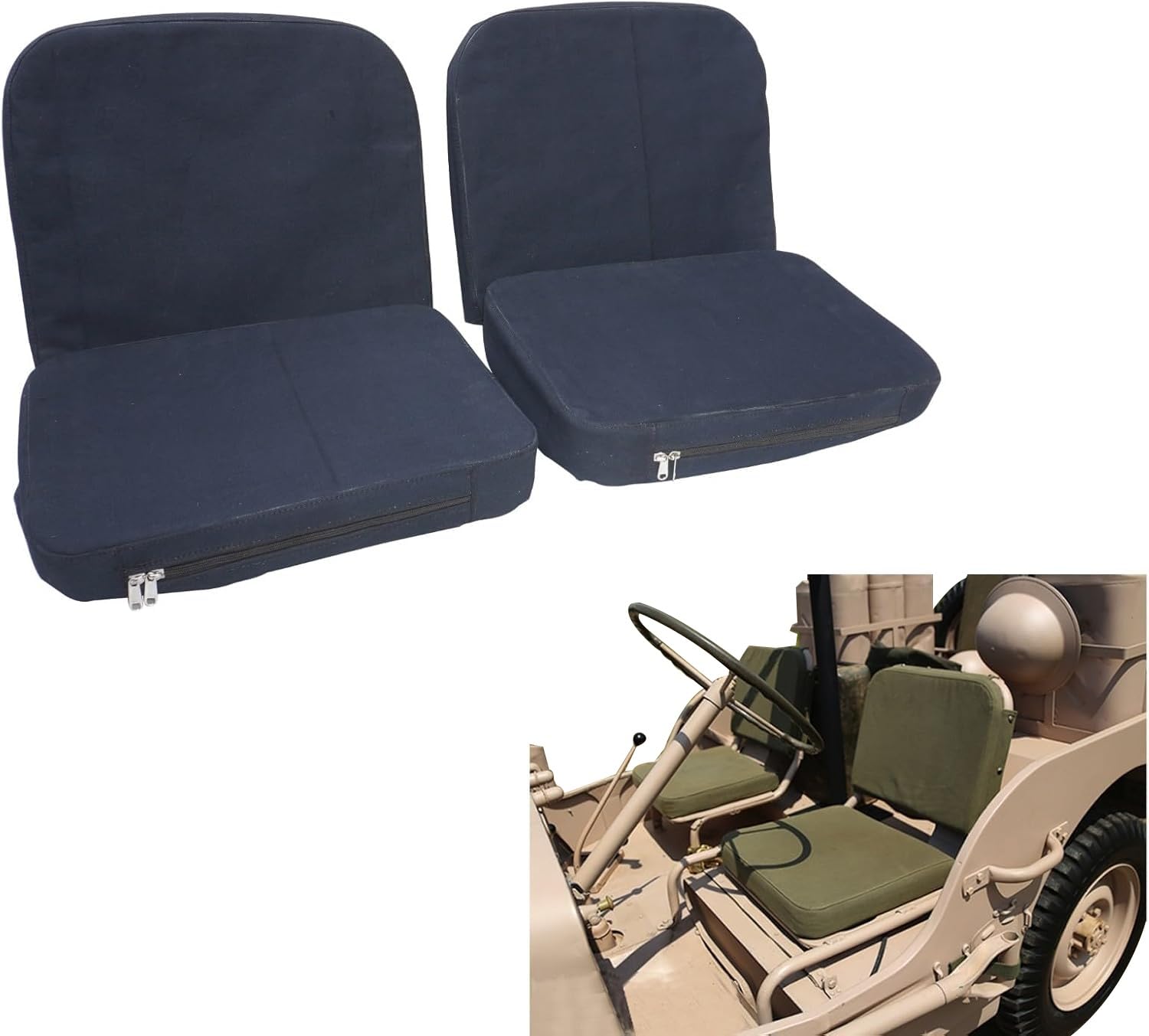 AEspares 2-Sitzbezüge mit Schaumstoff- und Cargotaschen, Marineblau, kompatibel mit Willys CJ2A CJ3A CJ3B M38 von AEspares