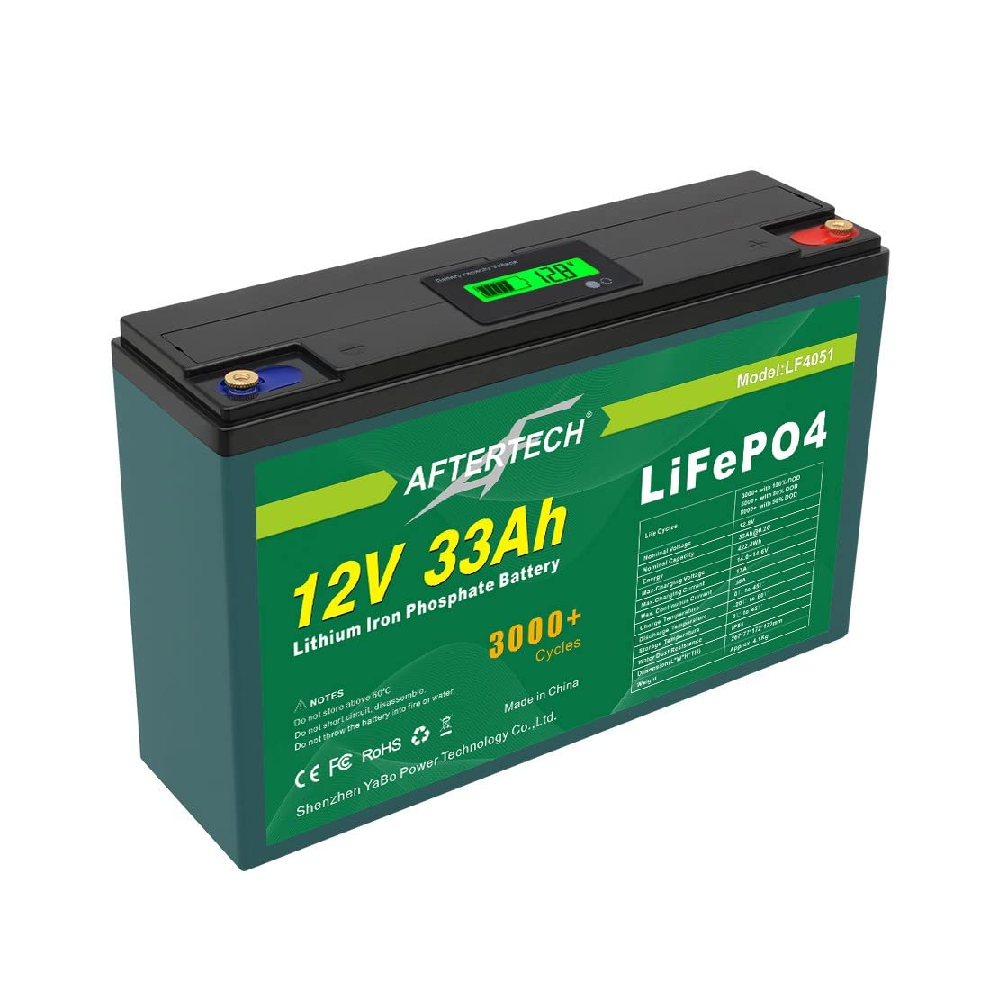 AFTERTECH Lifepo4 12 V 33 Ah wiederaufladbarer Lithium-Eisen-Phosphat-Akku 3000+ tiefe Zyklen 12,8 V 422 Wh von AFTERTECH