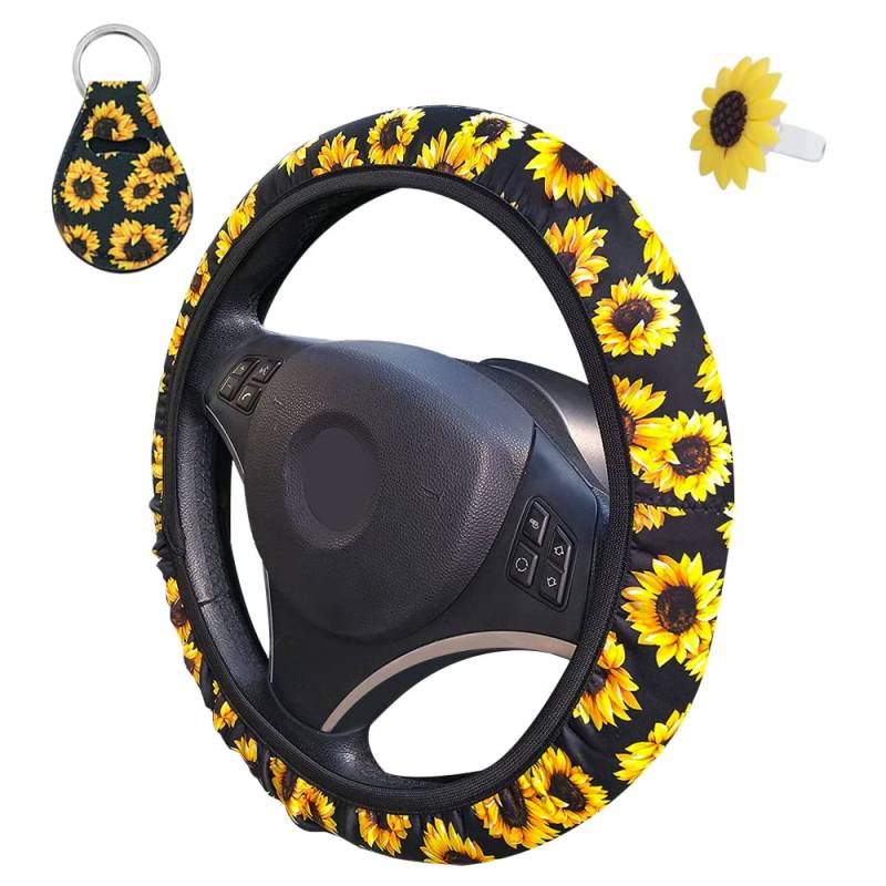 AFUNTA Lenkradhülle mit Sonnenblumen-Motiv, niedlich, universell, Schlüsselanhänger und Lufterfrischer-Halter für Damen, Autozubehör von AFUNTA