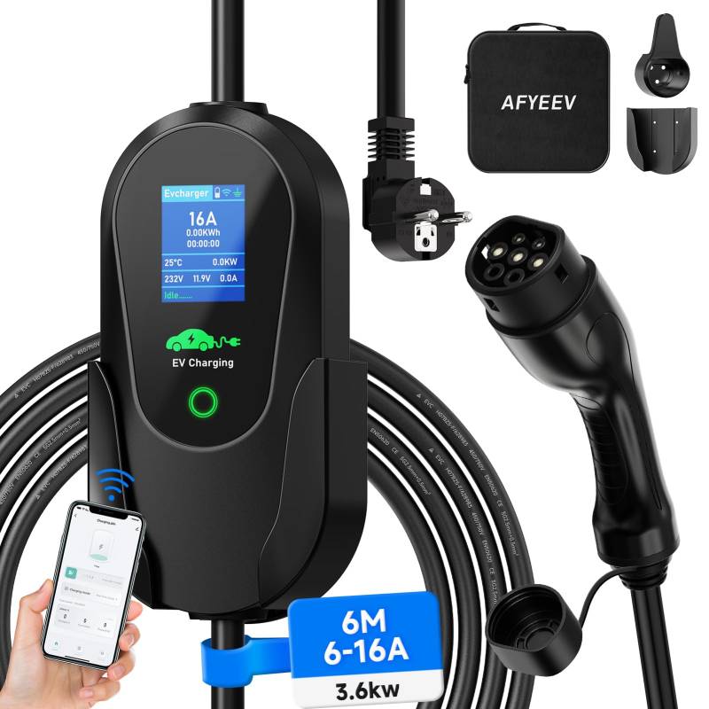 AFYEEV Ladekabel Typ 2 Schuko 3.68kW[6M 6-16A 1-Phasig]，APP Enabled Typ 2 Ladekabel Schuko，Ladekabel Elektroauto Typ 2 Schuko，Einstellbare Strom & Verzögertes Laden Ladekabel Elektroauto Typ 2 Schuko von AFYEEV