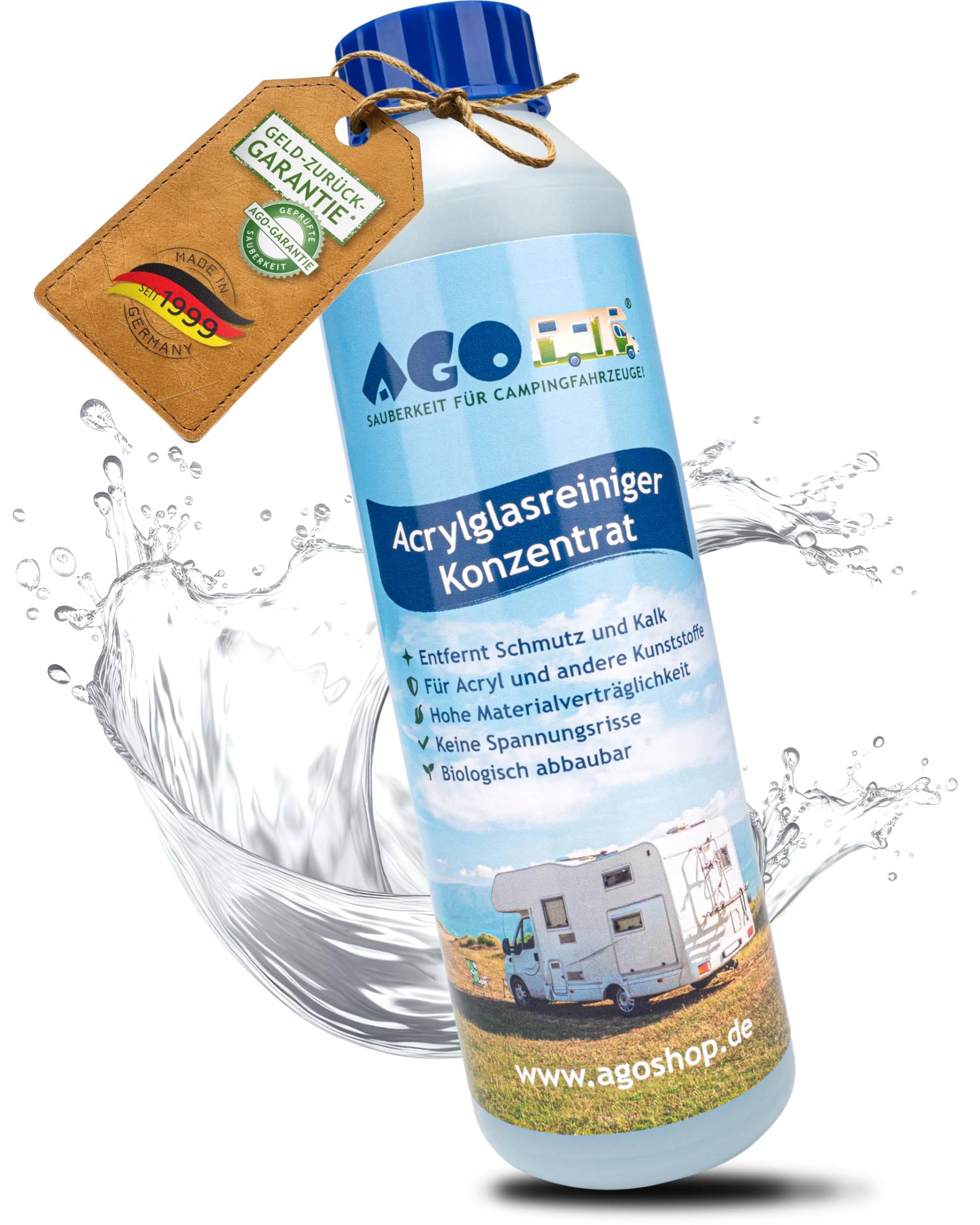 AGO Acrylglas Reiniger Konzentrat 250ml / Kunststofffenster Reiniger für Wohnwagen/Acrylglas Reiniger Wohnmobil für Fenster, Spiegel & Dachluken von AGO SAUBERKEIT FÜR CAMPINGFAHRZEUGE!