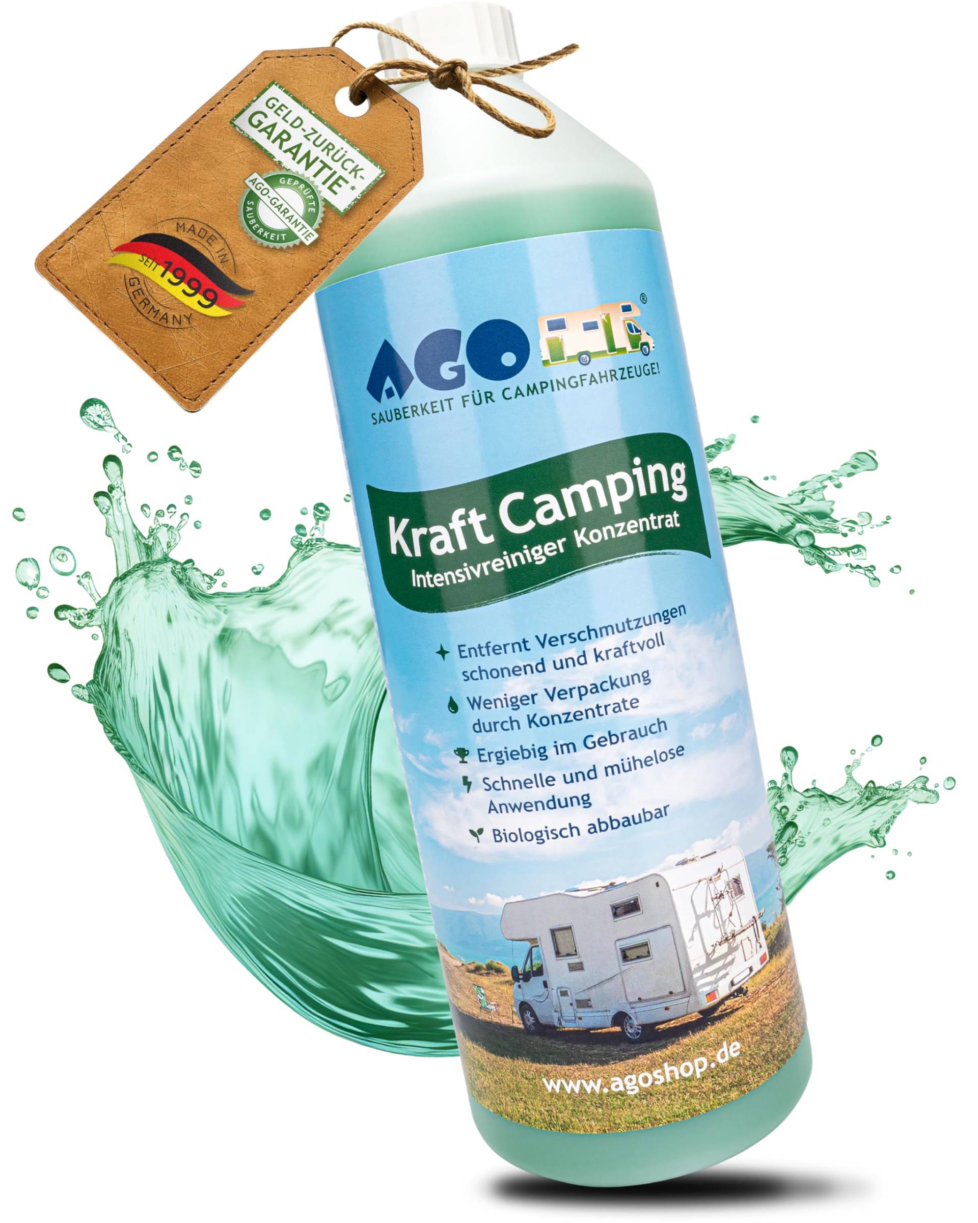 AGO Caravan Reiniger Konzentrat 1 Liter/Intensiv Wohnwagen Reiniger außen/ergiebiger Wohnmobilreiniger - entfernt hartnäckigen Schmutz & Verfärbungen von AGO SAUBERKEIT FÜR CAMPINGFAHRZEUGE!