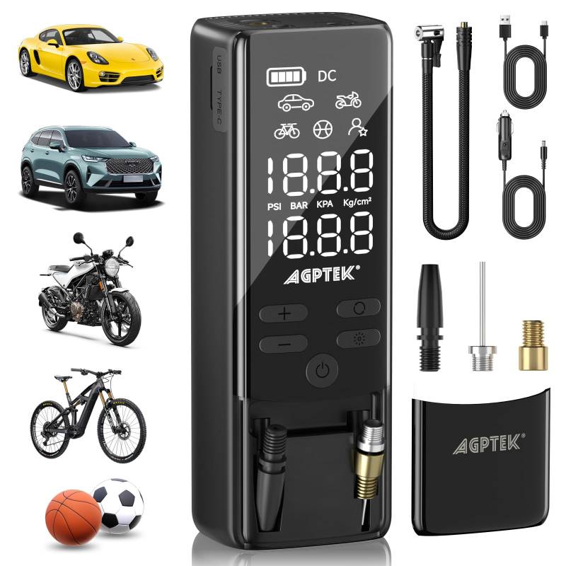 AGPTEK Elektrische Luftpumpe-150PSI & 75000mAh& 12V DC Reifendruckmesser Akku Kompressor, LCD Display mit LED Licht für Autos, Fahrräder & Motorradreifen, Bälle von AGPTEK