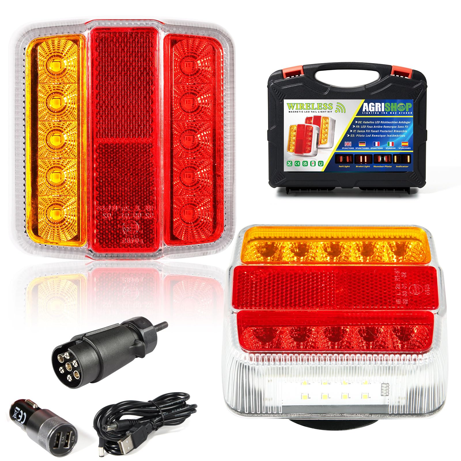 AGRISHOP Kabellos LED Anhänger Rückleuchten,Magnetisches Wireless Anhänger Beleuchtung Led Anhänger Lichter PKW Heckleuchten 12/24V Wiederaufladbar Rücklichter für Wohnwagen KFZ Wasserdicht E-MARK von AGRISHOP