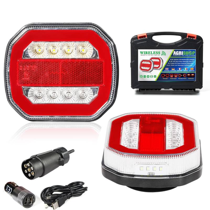 AGRISHOP Kabellos LED Anhänger Rückleuchten 12V/24V,5Funktionen Rückleuchten Set Rücklicht mit Magneten,Wireless Anhänger Beleuchtung Led Anhänger Lichter Wasserdicht mit E-MARK für Wohnwagen KFZ PKW von AGRISHOP