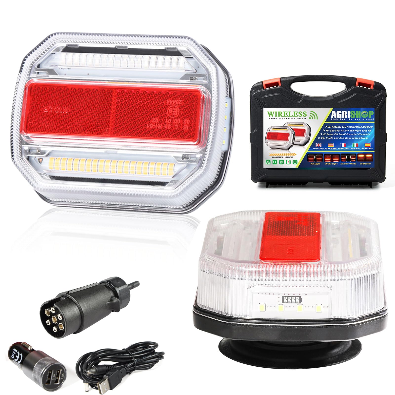 AGRISHOP Magnetisch Kabellos LED Rückleuchten Anhänger,Magnetisches Anhänger Beleuchtung Wireless Led Anhänger PKW Heckleuchten mit Magnetische 12/24V Rücklichter für Anhänger KFZ Wasserdicht E-MARK von AGRISHOP