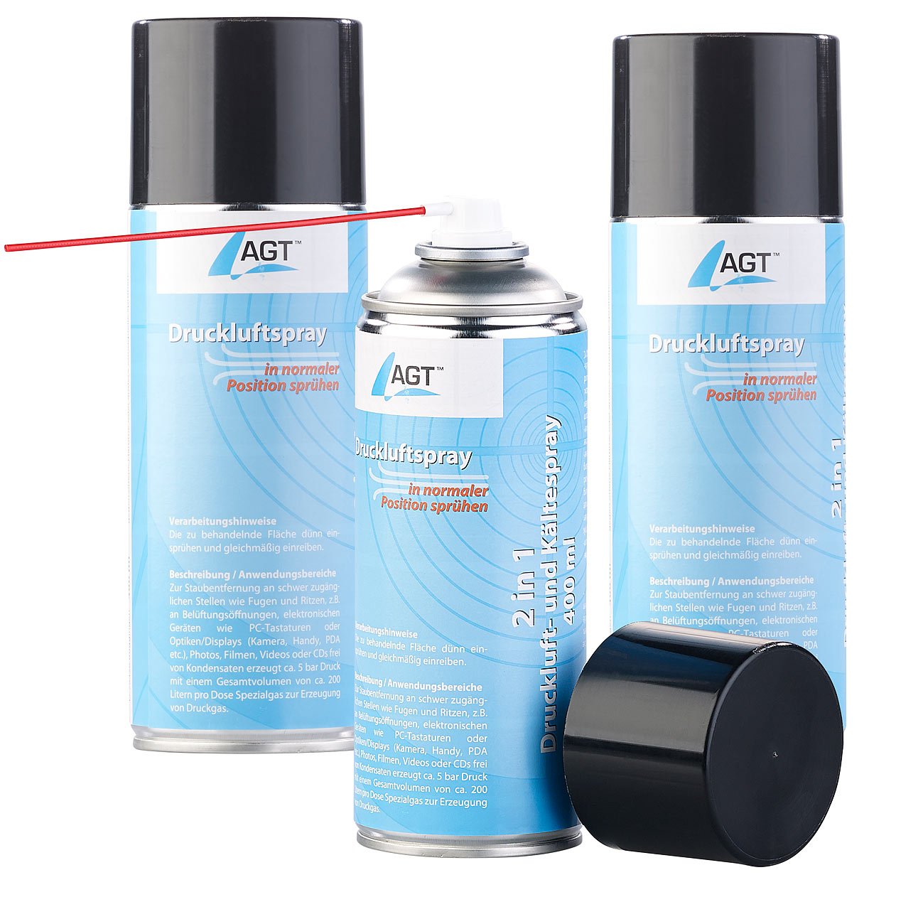 AGT Luftspray: 3er-Set 2in1-Druckluft- und Kältespray bis -40 °C, 400 ml, brennbar (Druckluft Dose, Reinigungsspray, Sprühflasche) von AGT