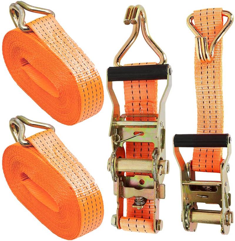 AHUNTTER 2 Sets Spanngurte mit Ratschen, 5 cm x 6 m, Bruchfestigkeit, robuster Zurrgurt, Sicherungsgurte mit Griff und Metall-J-Haken für LKW, Auto, Motorrad, Orange von AHUNTTER