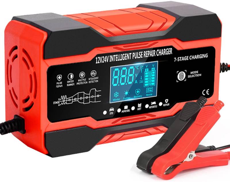 10A Autobatterie Ladegerät, 12V/24V Smart vollautomatische KFZ Batterieladegerät mit LCD-Bildschirm, geeignet für Auto LKW Motorrad Rasenmäher Boot Marine Batterien von AIBEAU