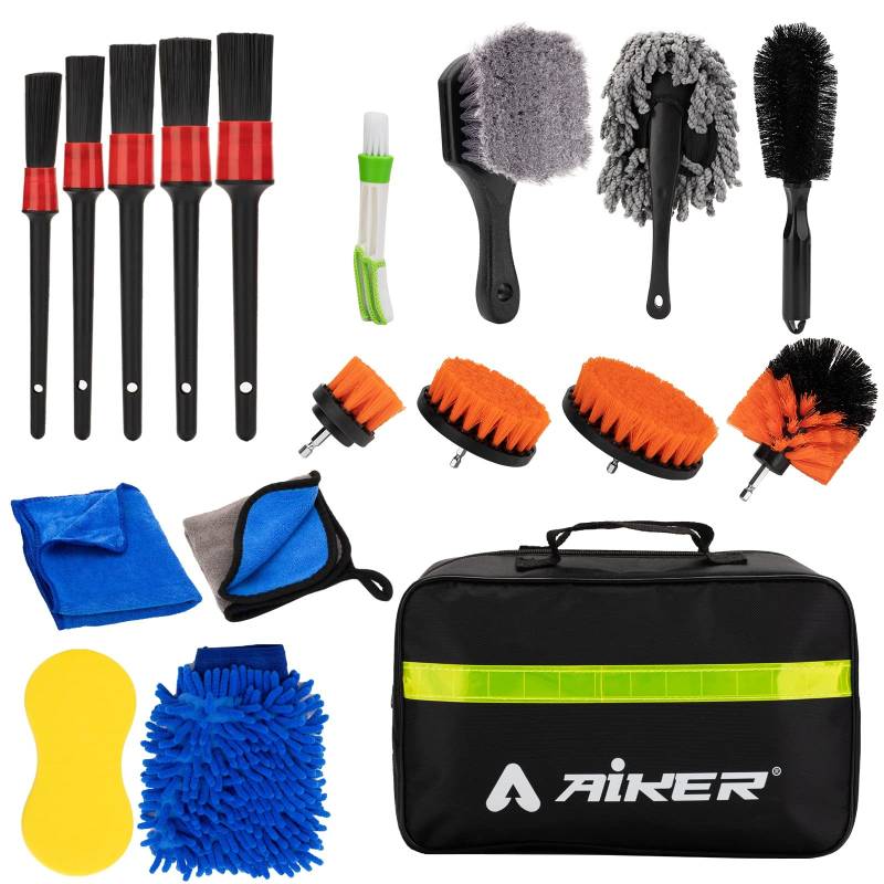 AIKER Auto Reinigungsset,18PCS Auto Reinigung Pinsel Set mit felgenbürste Detailing Bürsten Bohrbürsten Waschhandschuh Mikrofaser Reinigungstücher Für die Innen- und Außenreinigung von Autos von AIKER