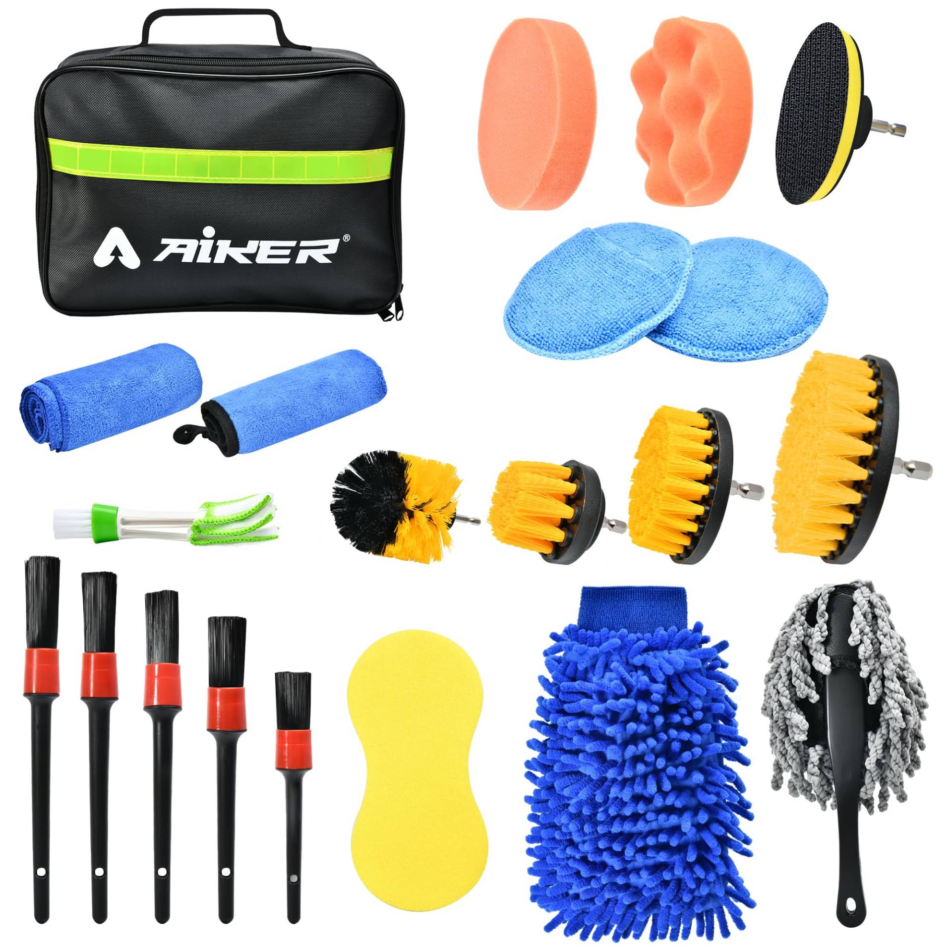 AIKER Auto Reinigungsset,21PCS professionelles Auto Waschset mit DetailingBürsten/Bohrbürsten/Aufbewahrungstasche/Waschhandschuh/Mikrofaser/Reinigungstücher Für die Innen-und Außenreinigung von Autos von AIKER