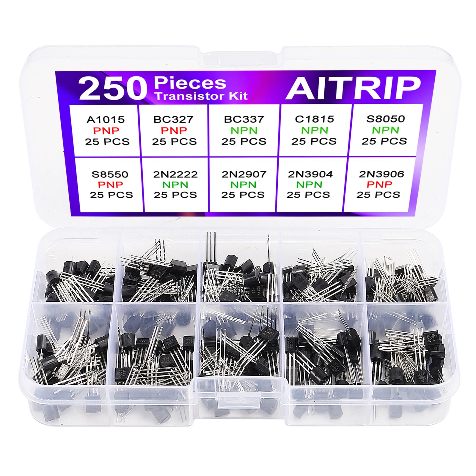 10 Werte 250 Stück A1015 BC327 BC337 C1815 S8050 S8550 2N2222 2N2907 2N3904 2N3906 PNP NPN Allzweck-Leistungstransistoren-Sortimentskit von AITRIP