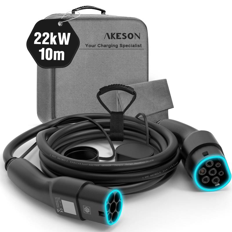 AKESON Typ 2 Ladekabel für Elektroautos - 22kW, 10M, Dreiphasen, 32A, IP55 Wasserdicht, IEC-62196-2 - Kompatibel mit Allen gängigen Ladestationen und Elektrofahrzeugen von AKESON