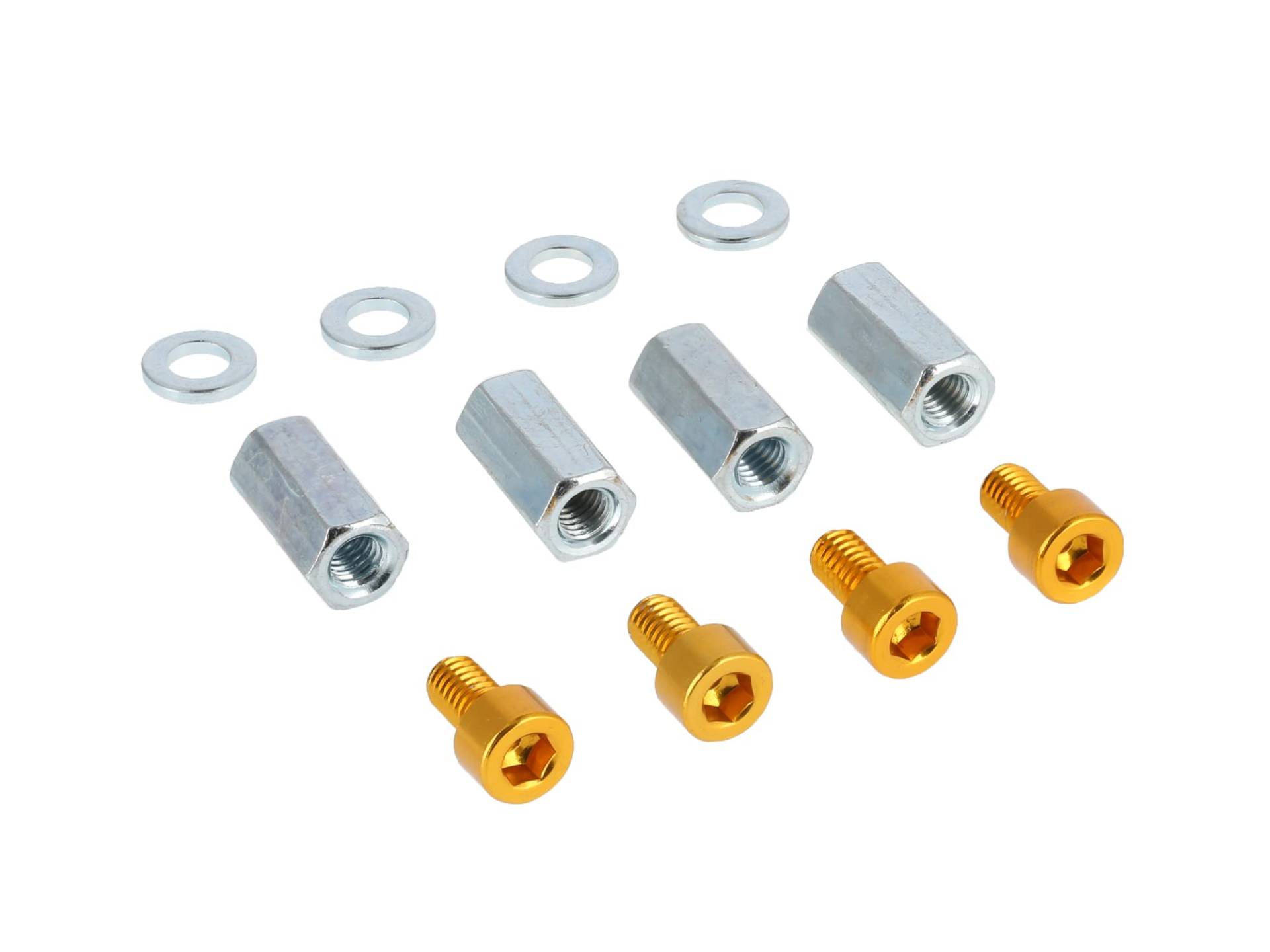 Set: 4x Aluminium-Schrauben Gold + Langmuttern + Scheiben, für Zylinderkopf - für Simson S50, S51, S53, S70, S83, KR51 Schwalbe, SR4 Spatz, Star, Spe von AKF