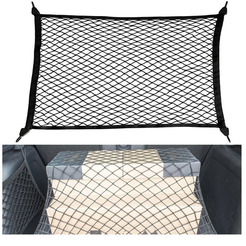 AKOLAFE Gepäcknetz 80x60 cm Kofferraumnetz Wohnmobil Auto Erstreckt Sich auf 160x120 cm Gepäcknetz Auto mit 4 Haken Nylon Spannnetz Schwarz Sicherheitsnetz für Aufbewahrung Ladungssicherung von AKOLAFE